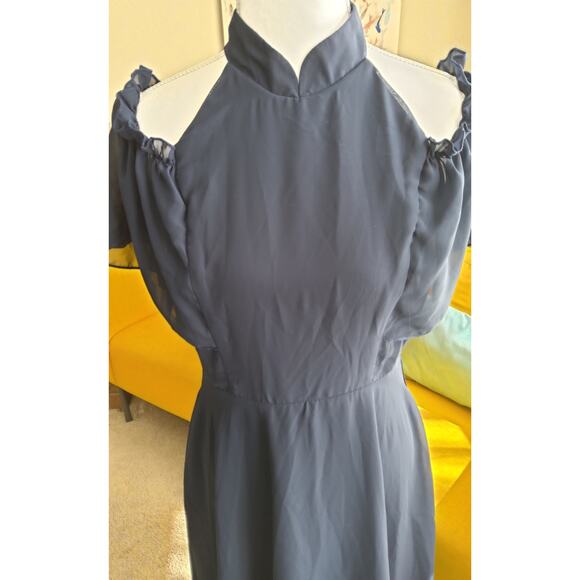 Romantic Flowy Navy ruffled midi dress high neck peekaboo shoulder Sz S - Picture 4 of 8